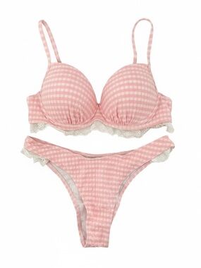 Pink Gingham Lace-Trim Push-Up Bra & Bikini Set